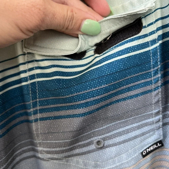 O'Neill Mens sz 30 Board Shorts Swim Trunks 10.5" inseam White Blue Striped - Picture 8 of 9